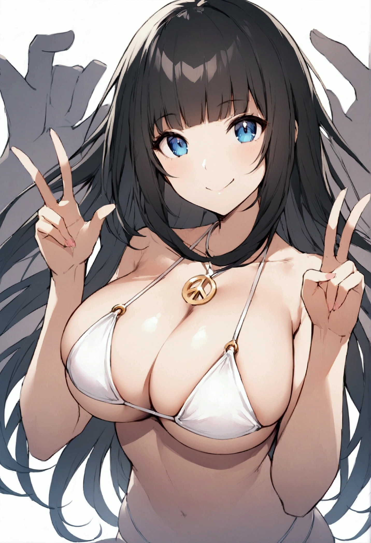 Hime cut with long black hair、Full-body illustration of a girl with straight bangs and blue eyes。she is wearing a white bikini、Have big breasts。She is smiling and making a peace sign with both hands.。