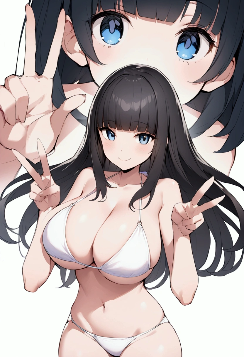 Hime cut with long black hair、Full-body illustration of a girl with straight bangs and blue eyes。she is wearing a white bikini、Have big breasts。She is smiling and making a peace sign with both hands.。