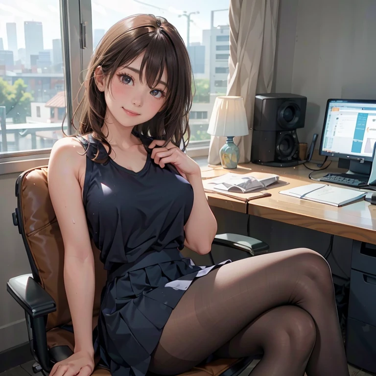 ((((highest quality)))), (((Ultra-precision CG 16K))), (((masterpiece))), (((Very detailed))), (((Extremely detailed))), (((Black outline:1.3, Written boundary depth:1.3 , Written soft outline))), Maximum clarity and sharpness,Multilayer Texture, Surface Shading, Cinematic lighting, Beautiful details sparkle ,Perfect Proportions, Limited to three woman, BREAK accurate, Anatomically correct, Highly detailed face and skin texture, drawn in detail, Highly detailed facial and skin texture, Detailed eyes, beautiful hair, Beautiful Japanese Idol face, Beautiful and beautiful eyes, Beautiful body, Beautiful breasts, Beautiful thighs, Beautiful legs, Beautiful fingers, (Beautiful views) , skinny body, ((Beautiful Skin)), ((Skin Texture)) , solo, limited one girl BREAK breast enlarged, medium Breasts, rocket breasts, (((perky breasts))), ((covered nipples)), slender waist, (smiling , narrow eyes, black eyes, blush, determined expression, hot, sweaty , Heavy breathing,) BREAK ((streaked hair, hair intakes, colored inner hair, several hairstyles )) BREAK (((wearing oversized character printed tank top, wearing Jersey in a casual way, wearing pleats mini-skirt, pantyhose , breasts is covered by outfit))) , wearing earrings, BREAK ((Leaning back in the chair:1.3) , Stretching-upwards:1.3, stick breast out, cross legs),( a woman in the office room, serious, sit in an office chair, looking at display, bust up, cowboy shot),