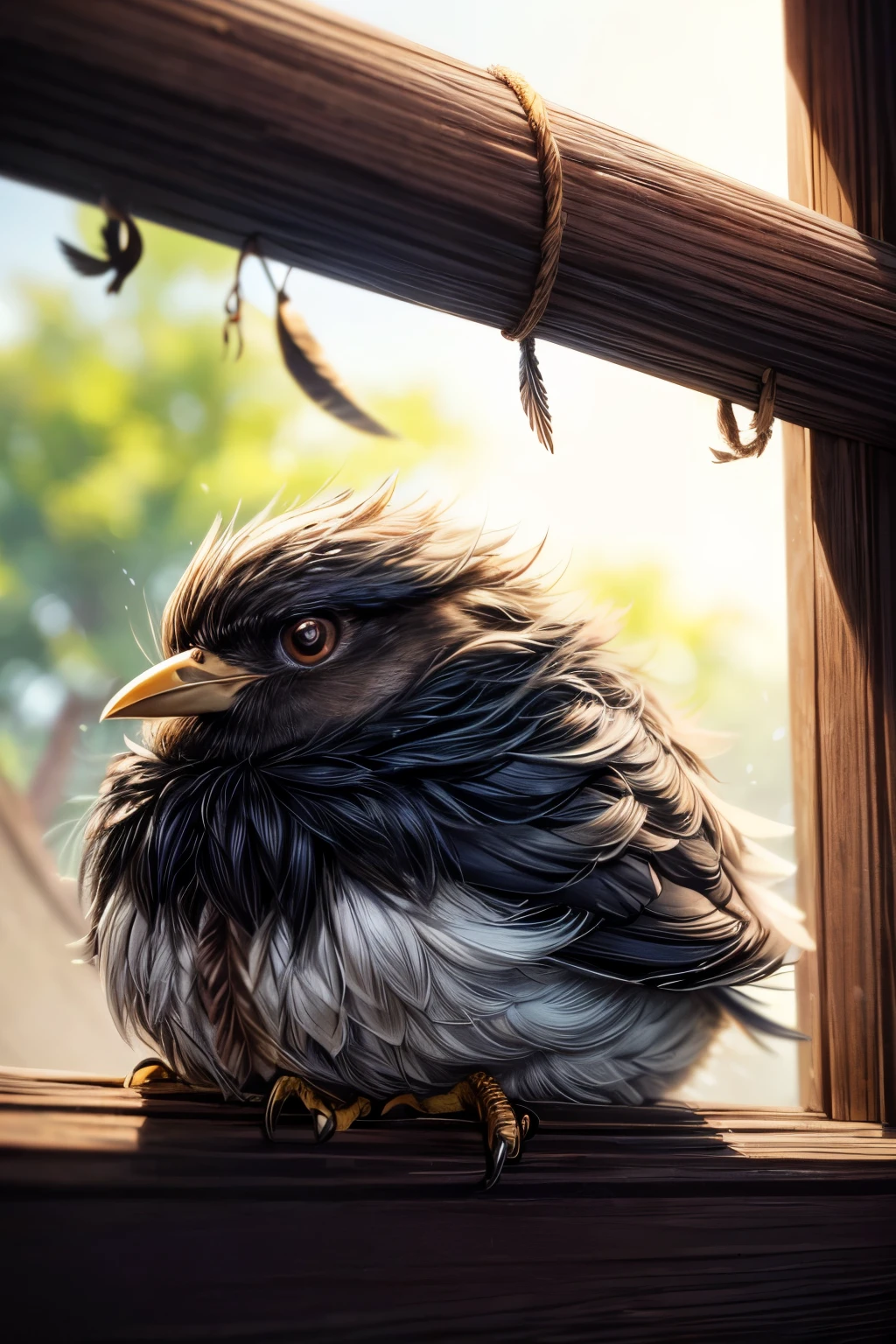 (Masterpiece, best quality, 1 subject, black feathers, delicate beak, soft down, vulnerable, nestling, mid-day sunlight, warm colors, soft focus, detailed texture, studio lighting, naturalistic, baby animal, bird, chirping, mother bird, nearby, watchful, waiting, feathered nest, caring, tender, emotional, heartwarming, cute, close-up, profile view)

Black baby bird nestled within its soft, feathered nest, bathed in the gentle mid-day sunlight that softly illuminated its delicate beak and downy feathers. The vulnerable young bird appeared both vulnerable and delicate, yet strong and resilient, as it