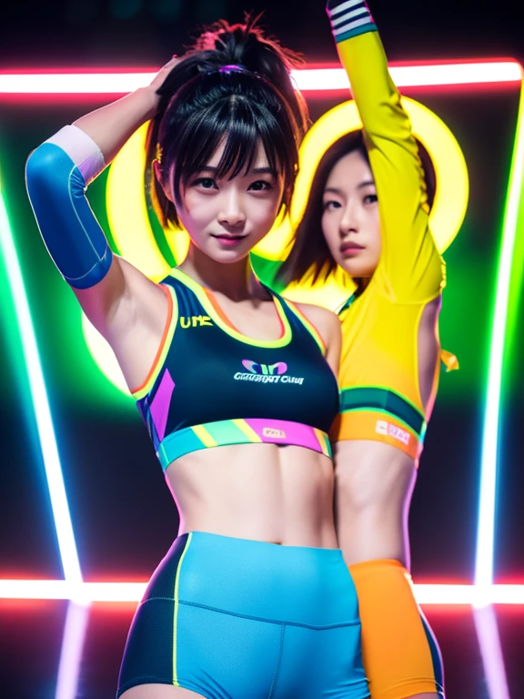 Best quality 8k resolution Ultra detailed Bright neon colored competition sportswear Serious facial expression Two cute beauties Abs Arms up Very short hair High waisted tights Flat chest Japanese Sharp focus Track and field club Very short hair 17 years old Sweating