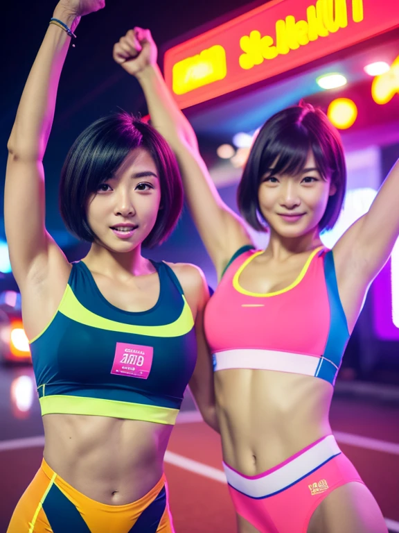 Best quality 8k resolution Ultra detailed Bright neon colored competition sportswear Serious facial expression Two cute women Abs Arms up Very short hair High waisted tights Flat chest Japanese Sharp focus Track and field club Very short hair 27 years old Sweating
