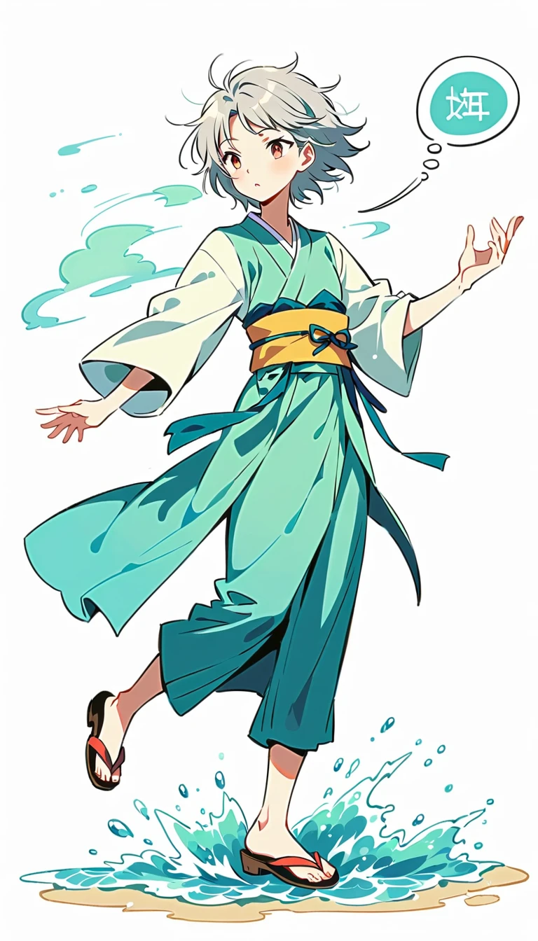 white background, Fujichoco style, man wearing kimono, ((Handsome man),  gray hair, ocean, (cetus), simple background, Simple line initialism, full body, 