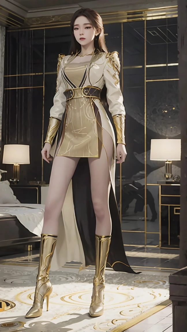 best quality,masterpiece,Final Solution,Fluffy,Colorful,Mature beautiful woman,Standing,Long legs,Wearing gold high heels,In the bedroom,Look head-on