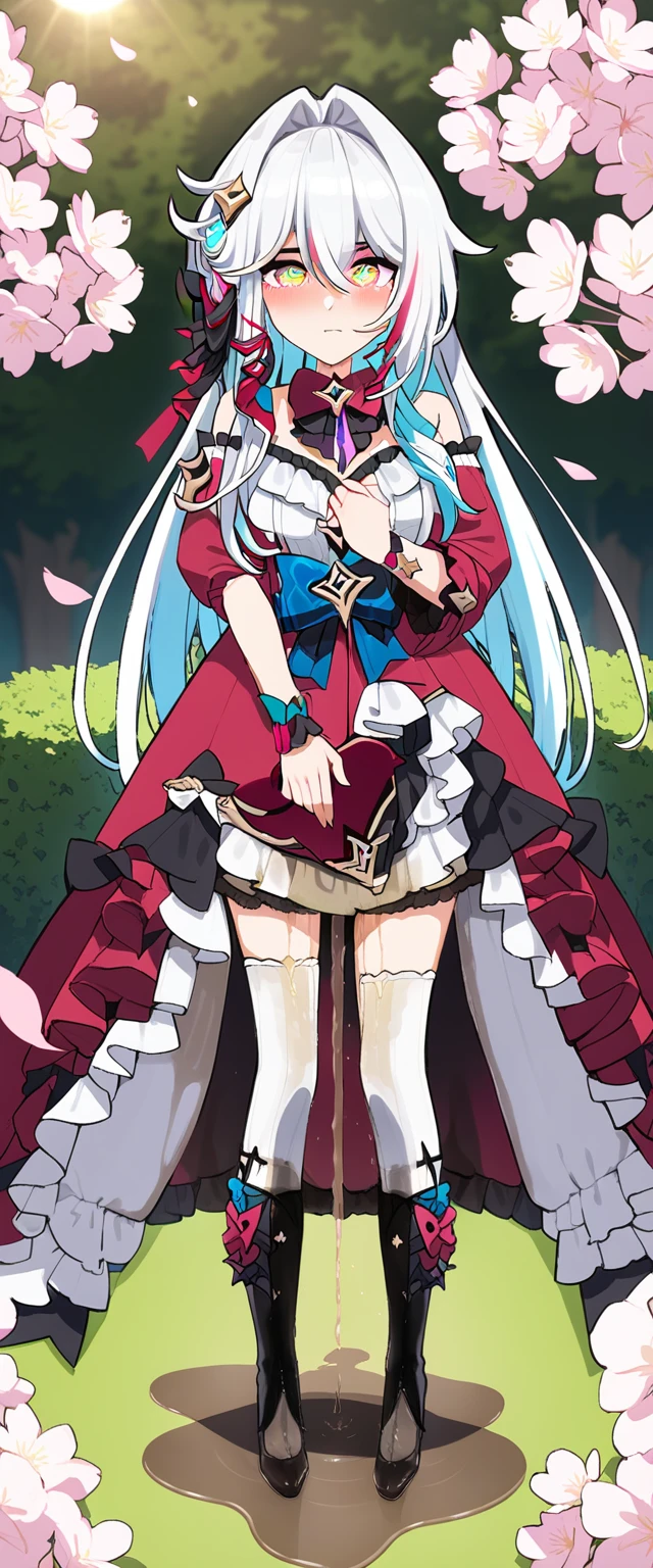 (masterpiece:1.37), best quality, (extremely detailed:1.37), 1girl, thelema_(honkai_impact), (extremely detailed eyes:1.37), (wetting self:2.0), desperation, standing, embarrassed, humiliation, blushing, angry, cherry blossoms, garden, (golden hour:1.5), full body