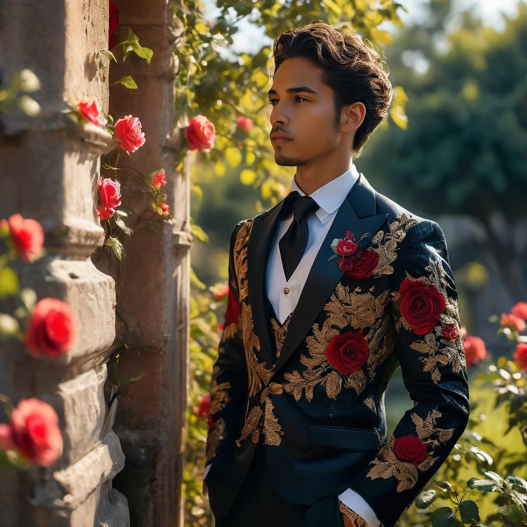 Create an image of a young man inspired by the characteristics of the rose 'The Prince, mixed race male model 23-25 year old, (angel face, prince eyes, lightly sweet smile), standing in a poised and regal posture, hand resting by his side, evokes a sense of deep contemplation and elegance. He is dressed in a deep, rich velvet jacket in dark deep purple or red wine, adorned with intricate embroidery and layered over a crisp black shirt, complemented by dark tailored trousers and polished black shoes. His clothing reflects the complex, multi-petaled structure of the rose, with detailed textures and luxurious fabrics.
The composition places the model slightly off-center, allowing for a view of a lush greenhouse garden background with glossy green leaves and hints of blooming deep-red roses, creating a natural yet sophisticated setting. Soft diffused lighting highlights the model's features and clothing, casting gentle shadows that add depth and dimension to the image. The overall atmosphere is one of quiet intensity and refined elegance, with a subtle hint of romanticism.
The photo is taken at eye level with a slight upward angle to emphasize the model's regal presence, using a medium-format camera, Canon EOS R7 and Sigma AF 85mm F1.4 EX DG HSM lens, used to achieve a shallow depth of field, ensuring the model stands out sharply against the softly blurred background.
by photographers Thomas Synnamon known for his ability to capture elegance and refinement in fashion photography, golden hour dreamlike settings and intricate details complements the theme perfectly.
