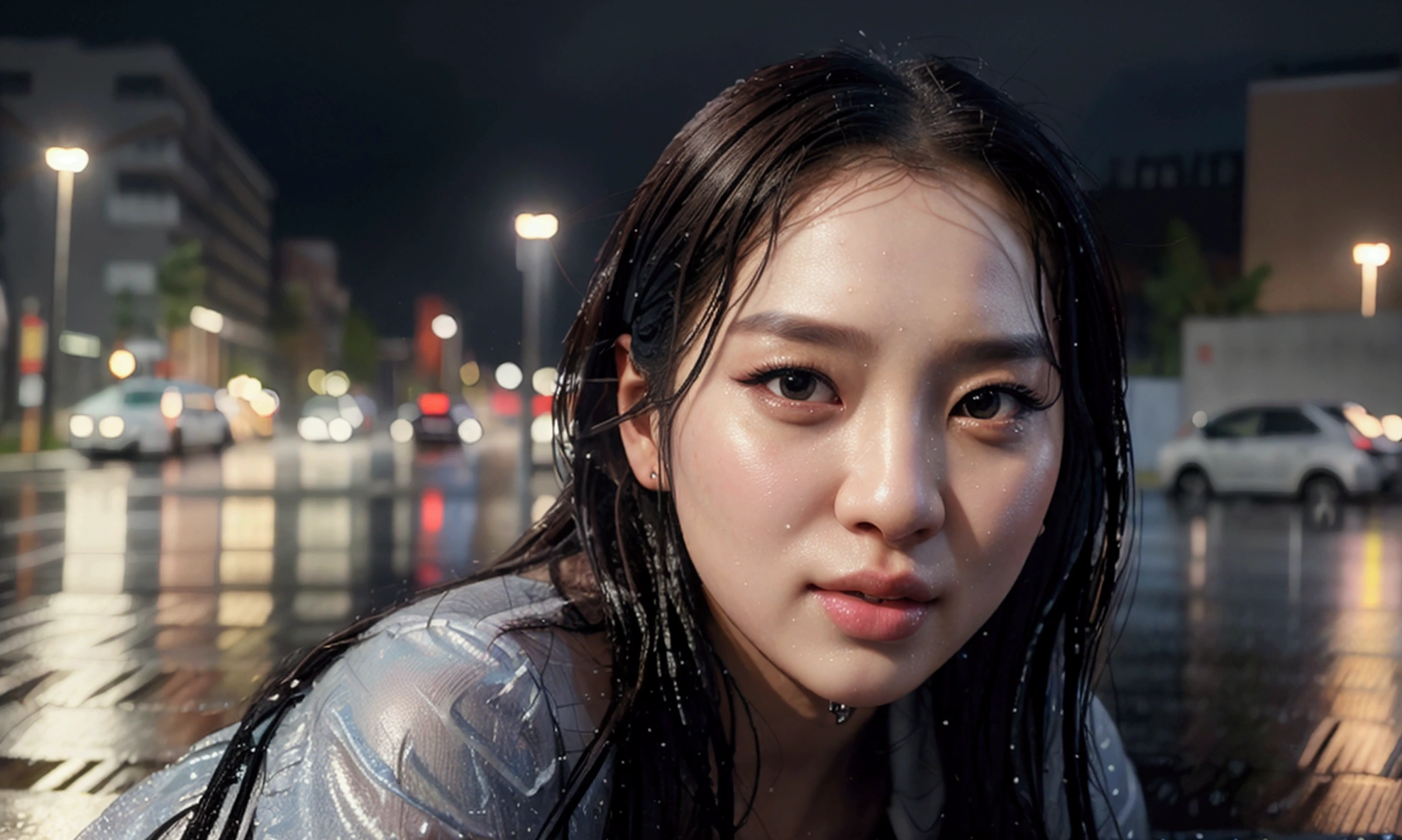 (8k, RAW photo, best quality, masterpiece:1.2), (realistic, photo-realistic:1.37), omertosa, 1girl, (Kpop idol), (aegyo sal:1), cute, cityscape, rain, wet, professional lighting, photon mapping, radiosity, physically-based rendering