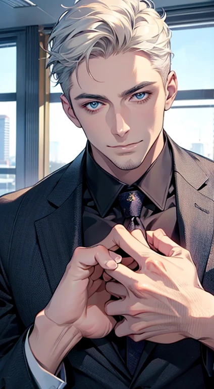 (best quality,4k,8k,highres,masterpiece:1.2),ultra-detailed,(realistic,photorealistic,photo-realistic:1.37),1 man,31 years old,mature man,very handsome,without expression,smile,short white hair,blue eyes,penetrating gaze,perfect face without errors,imposing posture,businessman,office background,cinematic lighting,hdr image