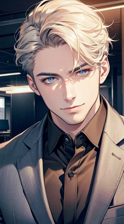 (best quality,4k,8k,highres,masterpiece:1.2),ultra-detailed,(realistic,photorealistic,photo-realistic:1.37),1 man,31 years old,mature man,very handsome,without expression,smile,short white hair,blue eyes,penetrating gaze,perfect face without errors,imposing posture,businessman,office background,cinematic lighting,hdr image