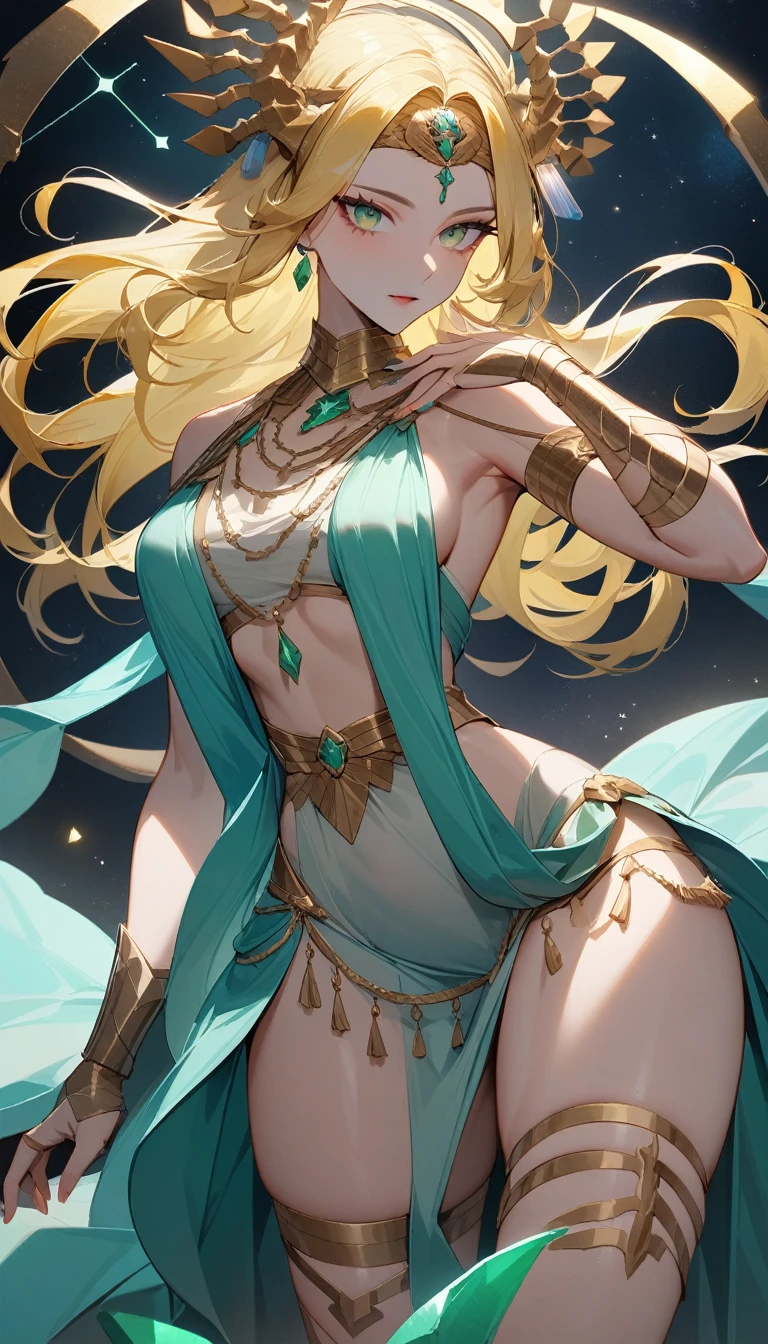 （Huang Li、high quality、Extremely detailed），Constellation - Scorpio Goddess，Huge scorpion，Woman stroking a scorpion，Similar to Latin goodness，brave，capricious，Productivity，The face of enterprising and humanitarianism，Long yellow hair，Ancient Greek costumes、Wrap Dress，Conservative clothing，The background is the universe，Crystal green eyes（Eyes Details），Powerful appearance, Correct 