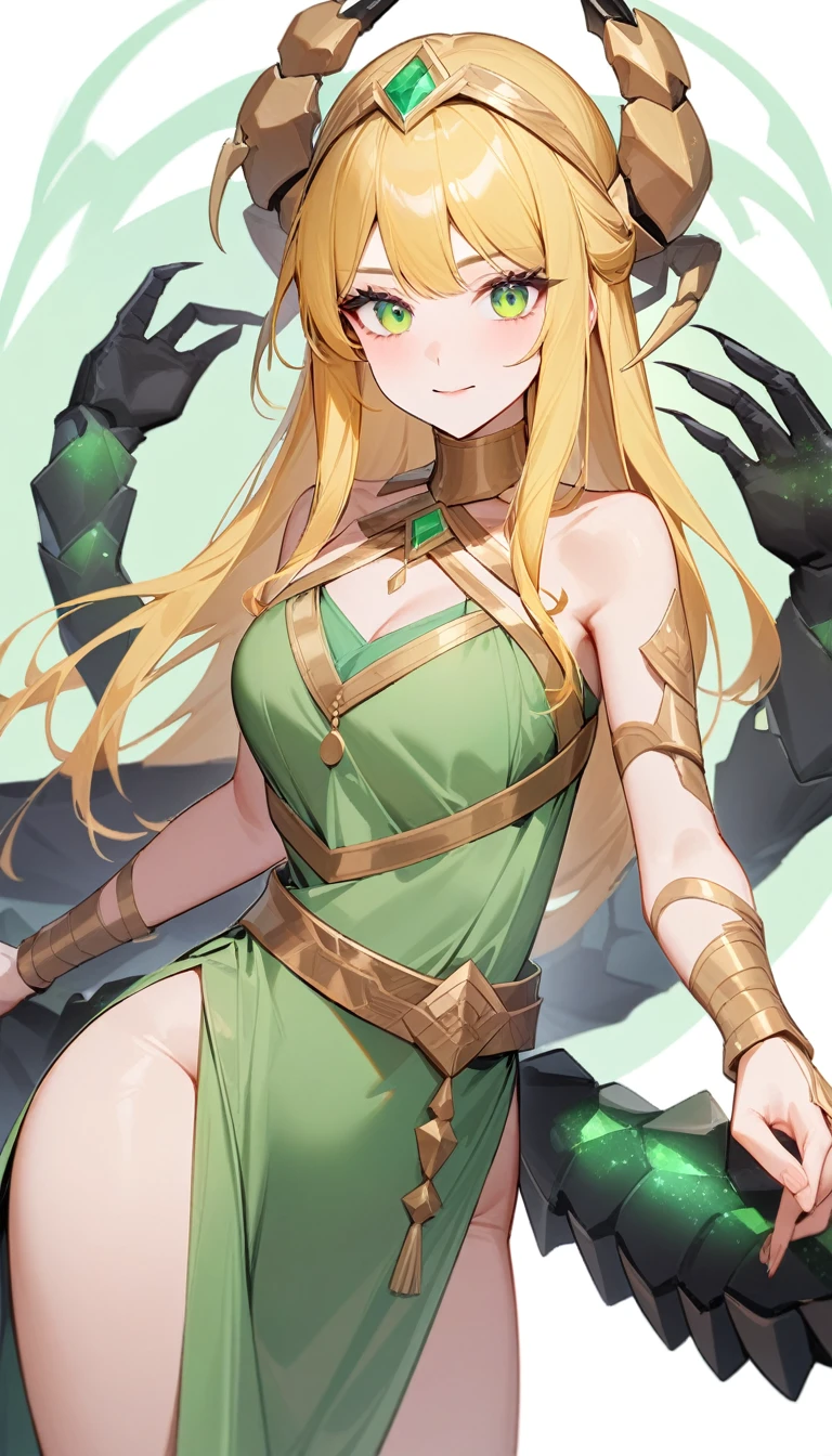 (Huang Li、high quality、Extremely detailed),Constellation - Scorpio Goddess,Huge scorpion,Woman stroking a scorpion,Similar to Latin goodness,brave,capricious,Productivity,The face of enterprising and humanitarianism,Long yellow hair,Ancient Greek costumes、Wrap Dress,Conservative clothing,The background is the universe,Crystal green eyes(Eyes Details),Powerful appearance, Correct anatomy