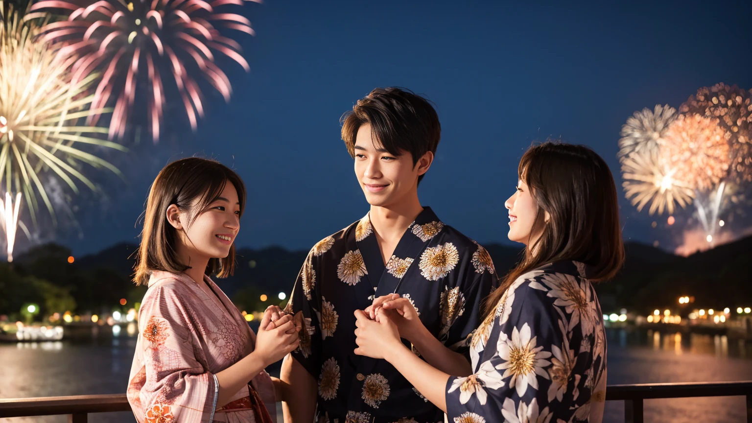 Fireworks Night、Many fireworks are launched from the riverbank in the background.。A handsome 25-year-old male high school teacher wearing a brown hemp jinbei、The 17-year-old high school girl is wearing a cute flower-patterned yukata.。Men are taller and there is a height difference、The two of them are holding hands, blushing, embracing each other and looking at each other.。
