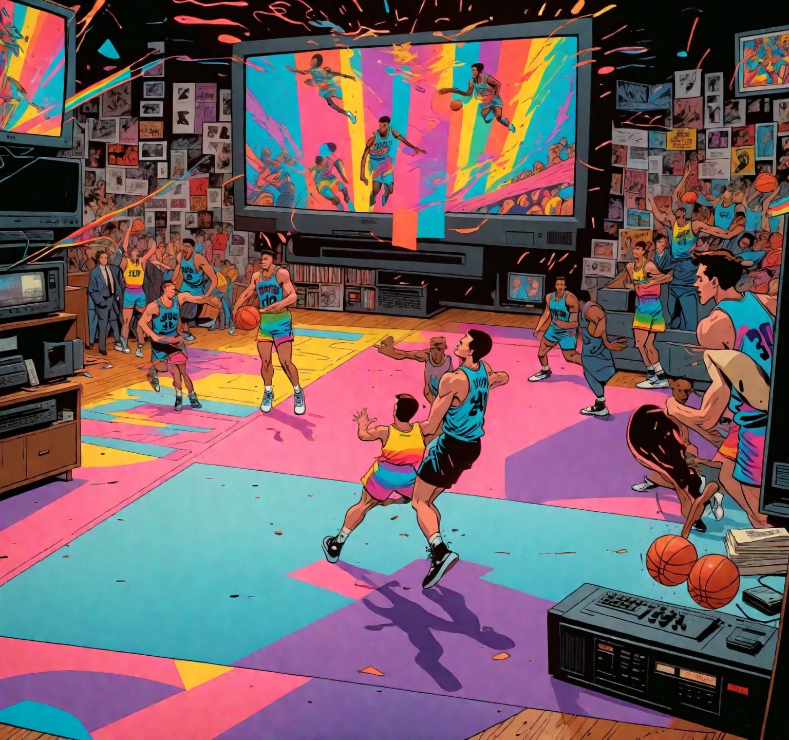 late night basketball, game winning dunk, analog tv glow, 1990s aesthetics, VHS, glitch, distorted, nostalgia, 90's retro vibes, analog tape, vcr aesthetics, tv, television, comic 1990's, animated tv show screengrab, cinematic poster, image within image, multiple exposure, massive scale, rich color grading for shading depth, hand drawn rotoscope cartoon realism, chiaroscuro lighting, mixed media, vintage comic, retro original design, 1990's comic, sense of movement energy, (full roygbiv color) ink charcoal expressive illustration