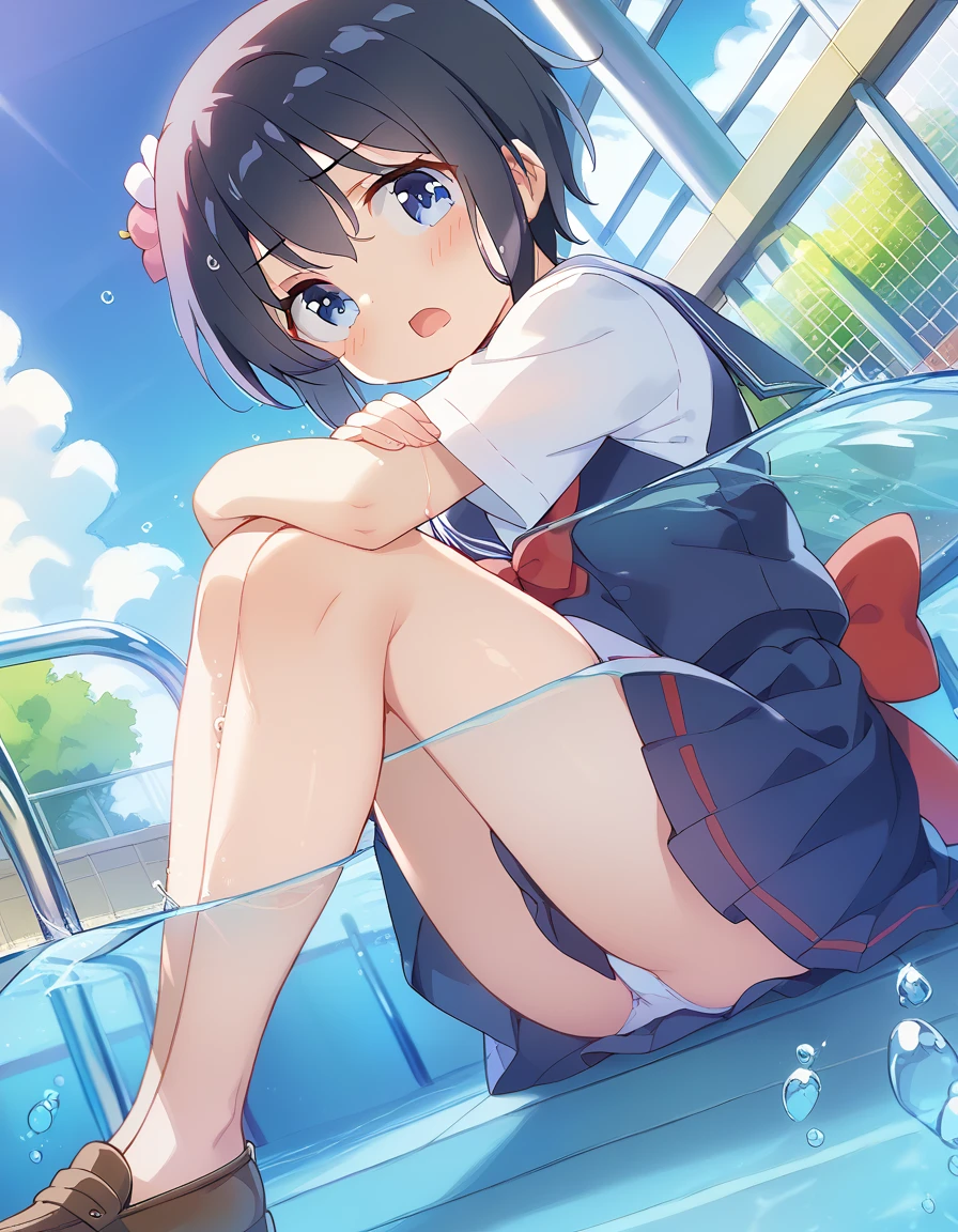 score_9, score_8_up, score_7_up, source_アニメ, masterpiece, 1girl, watahana, blue eyes, hair ornament, hair flower, school outfit, blue dress, sailor dress, white sailor collar, red bow, sitting, hugging own legs, outdoor, school yard, field, cowboy shot, looking at viewer, indoors, open mouth, Black Hair、Shiny Hair, Primary school students、Skirt fully open、Long wide skirt、cute、White underwear、blush、Watery eye、Lots of water、Wet、((Wind power increase))、The skirt floats on the water、(drowning water)、(Underwater Shot Of The Swimming pool)