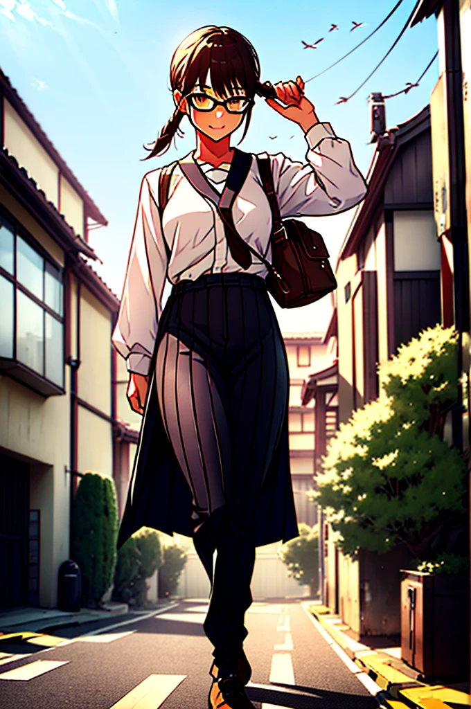 Full character(from head to foots), a girl with dark skin, black hair and brown eyes that uses a black and glasses stepping next to an japanese school.