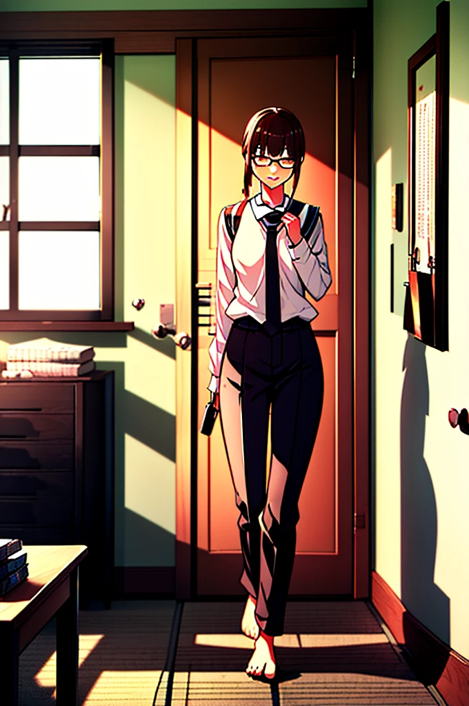 Full character(from head to foots), a girl with dark skin, black hair and brown eyes that uses a black and glasses stepping next to an japanese school.