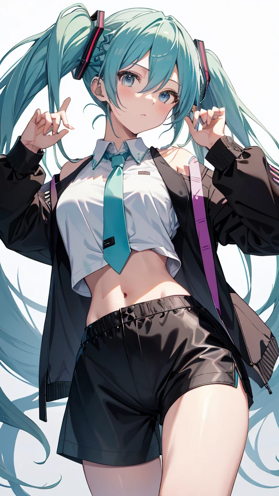 Hatsune miku add_detail:1, navel lycra fitted blouse, looking at the viewer, hand on hip, black jacket, lycra groin tight shorts add_detail:1(white shirt:1.3), braid, very long hair, Wide hips, 
under the chest, shirt, 
Big\(Body proportions\), sensual pose, naked shoulders add_detail 