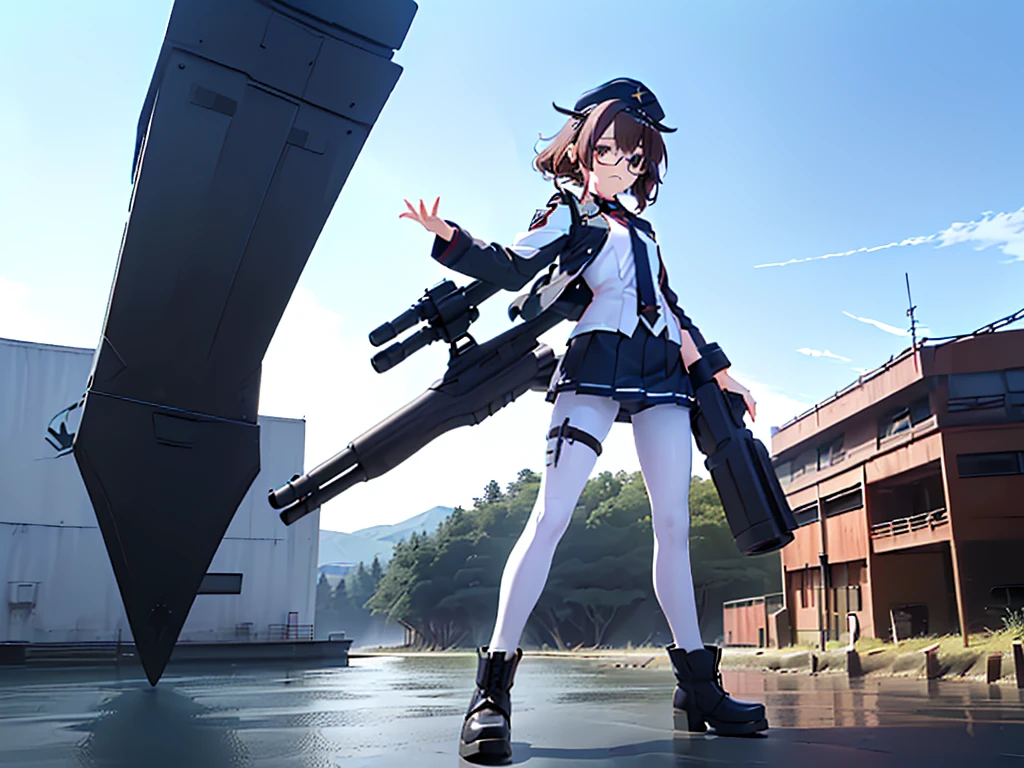 (((masterpiece, Vision))), ((((Full body of a woman with perfect flat chest、1 Female、solo、Short unkempt black hair、Tie your messy hair at the nape of your neck、white military jacket、Miko costume、black tights、Black glasses are black、White military cap、Cloudy black eyes、Confused eyes、Junyo-inspired emblem、Ship-style boots)))), (((Shipgirl))), ((Floating on the morning sea with both feet)), (Standing with your legs apart)), Aim, (Hold the shotgun turret grip with your right hand), (Four mechanical tentacles covered in white armor extend from its back.), (Holding a shotgun with metal tentacles), (Equipped with a bridge on the back), (His left arm holds the grip of a triple-barreled shotgun),