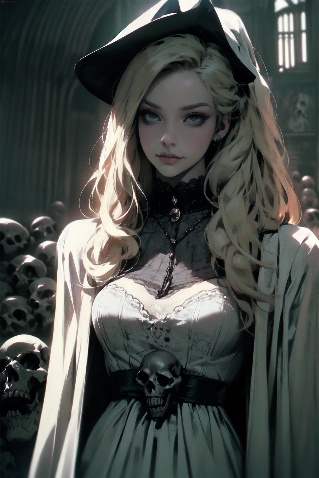 {-erro_de_anatomia:1.0} woman 30 years old, victorian era,victorian clothes, (white dress), dark castle, a woman (witch), very long blond hair (blond hair), (gray eyes) . Indifferent look , merciless. among the skulls, dinamic poses, egoist smile, upper body