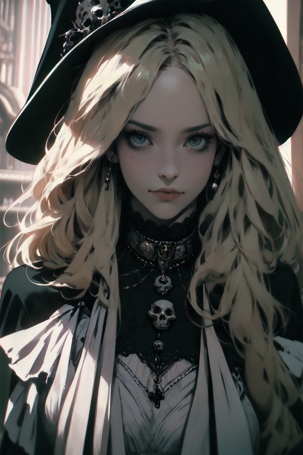 {-erro_de_anatomia:1.0} woman 30 years old, victorian era,victorian clothes, (white dress), dark castle, a woman (witch), very long blond hair (blond hair), (gray eyes) . Indifferent look , merciless. among the skulls, dinamic poses, egoist smile, upper body