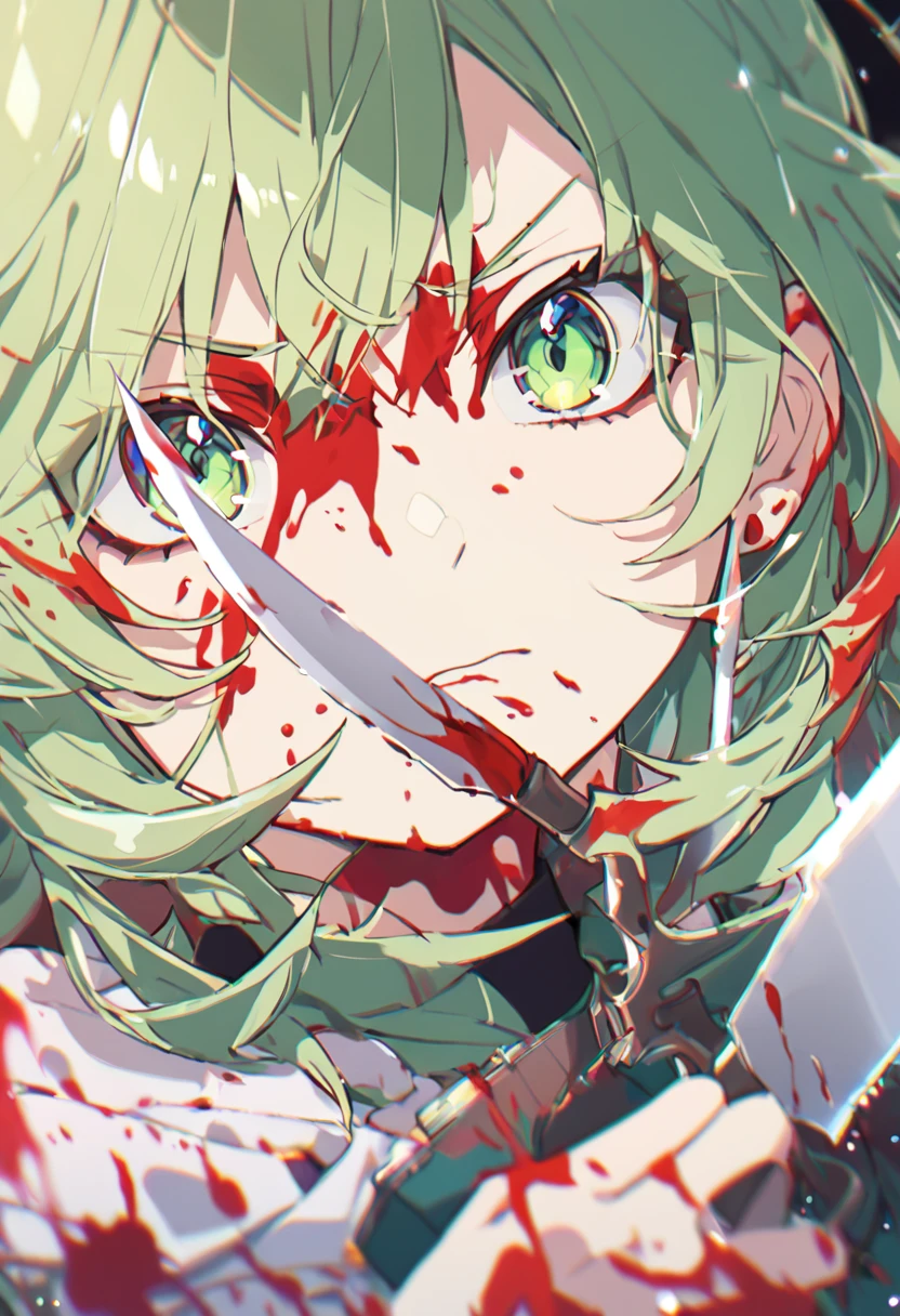 komeiji koishigreen hair, upper body,, focus on face, impaled, blood, disheveled hair, splashing blood, bloodonface, holding knife, Exquisite Blood,