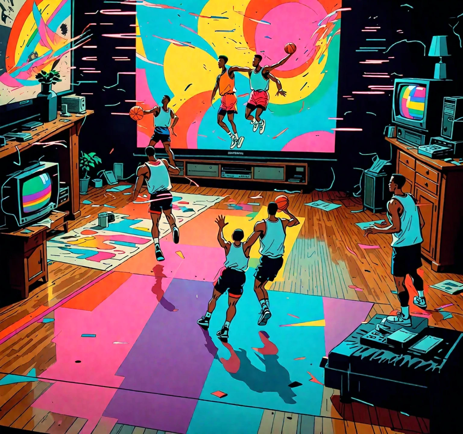late night basketball, game winning dunk, analog tv glow, 1990s aesthetics, VHS, glitch, distorted, nostalgia, 90's retro vibes, analog tape, vcr aesthetics, tv, television, comic 1990's, animated tv show screengrab, cinematic poster, image within image, multiple exposure, massive scale, rich color grading for shading depth, hand drawn rotoscope cartoon realism, chiaroscuro lighting, mixed media, vintage comic, retro original design, 1990's comic, sense of movement energy, (full roygbiv color) ink charcoal expressive illustration