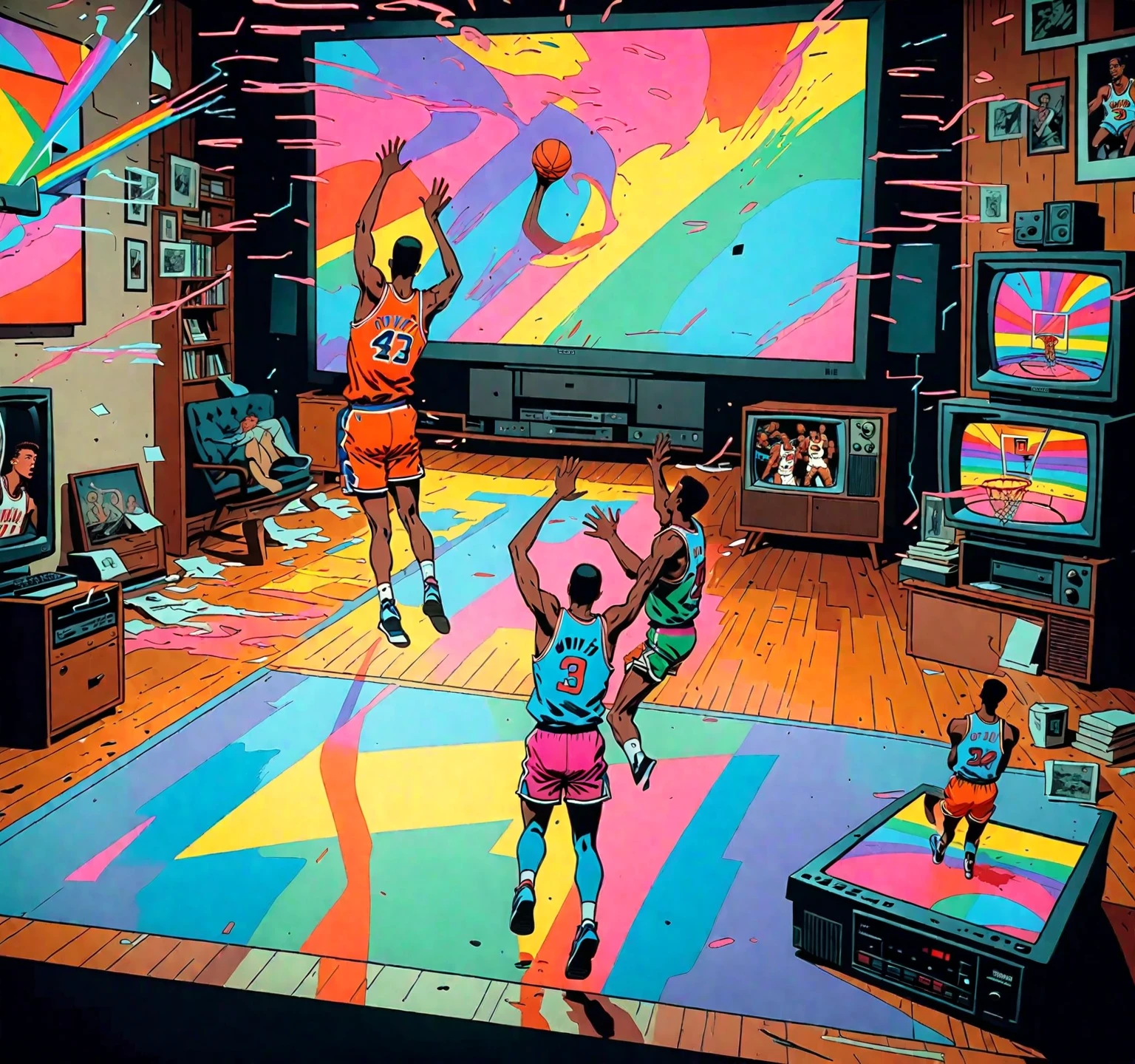 late night basketball, game winning dunk, analog tv glow, 1990s aesthetics, VHS, glitch, distorted, nostalgia, 90's retro vibes, analog tape, vcr aesthetics, tv, television, comic 1990's, animated tv show screengrab, cinematic poster, image within image, multiple exposure, massive scale, rich color grading for shading depth, hand drawn rotoscope cartoon realism, chiaroscuro lighting, mixed media, vintage comic, retro original design, 1990's comic, sense of movement energy, (full roygbiv color) ink charcoal expressive illustration