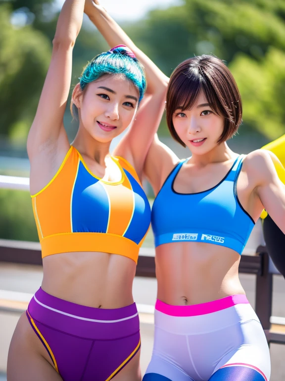 Best quality 8k resolution Ultra detailed Bright neon colored competition sportswear Serious facial expression Two cute women Abs Arms up Very short hair High waisted tights Flat chest Japanese Sharp focus Track and field club Very short hair 27 years old Sweating