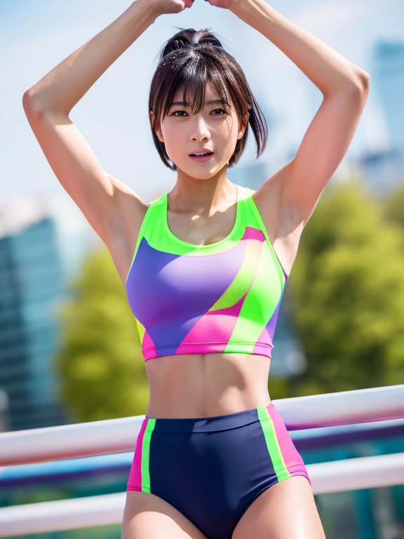 Best quality 8k resolution Ultra detailed Bright neon colored competition sportswear Serious facial expression Two cute beauties Abs Arms up Very short hair High waisted tights Flat chest Japanese Sharp focus Track and field club Very short hair 17 years old Sweating