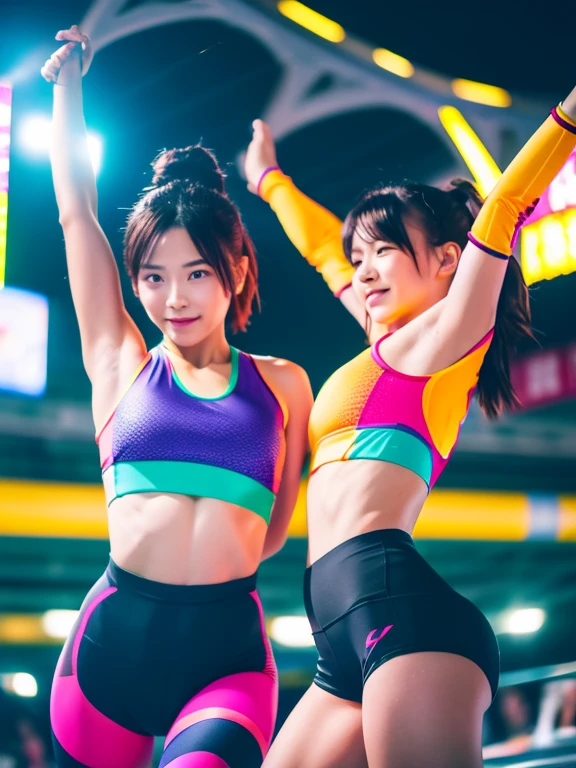 Best quality 8k resolution Ultra detailed Bright neon colored competition sportswear Serious facial expression Two cute beauties Abs Arms up Very short hair High waisted tights Flat chest Japanese Sharp focus Track and field club Very short hair 17 years old Sweating