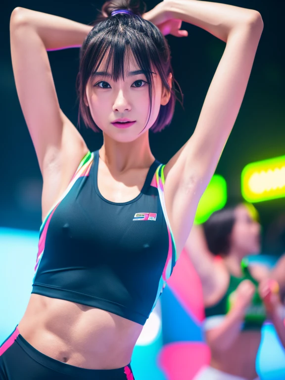 Best quality 8k resolution Ultra detailed Bright neon colored competition sportswear Serious facial expression Two cute beauties Abs Arms up Very short hair High waisted tights Flat chest Japanese Sharp focus Track and field club Very short hair 17 years old Sweating