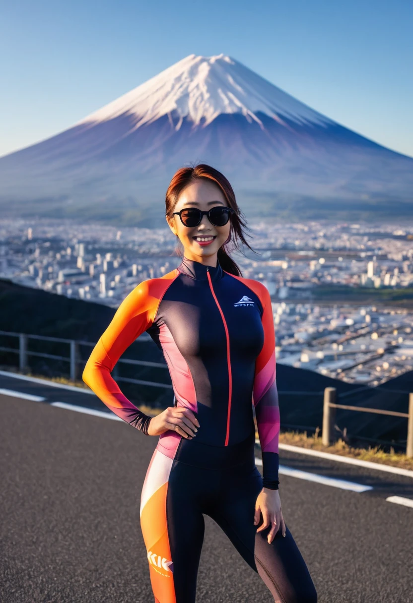 a portraying Japan, the image must show the sunset, with natural lighting, in the center a Japanese woman wearing lycra spandex, full body with sunglasses smiling, in the background Mount Fuji 8k