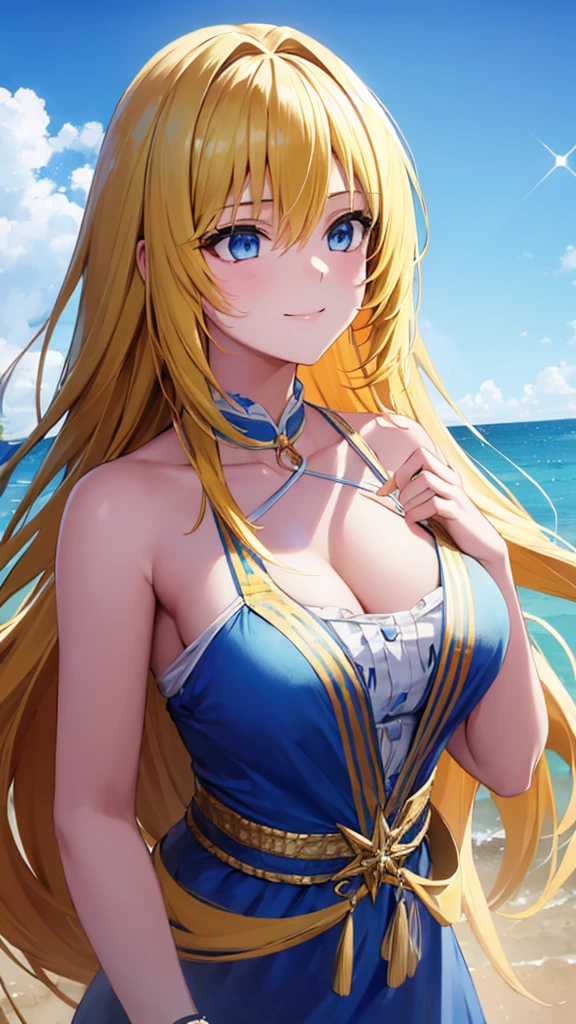 (masterpiece:1.3), (best quality:1.1), (8k, ultra detailed, ultra high res:1.2), ((anime style)), perfect 5 fingers, perfect anatomy, 
1girl,
BREAK long hair, wavy hair, 
(blonde hair), 
(blue eyes), 
medium breasts, camisole, (Sequins:1.2), 
BREAK smile, 
(gazing skyward:1.4), sky, standing, shoot from above, 
cowboy shot, 
outdoor, sky, 