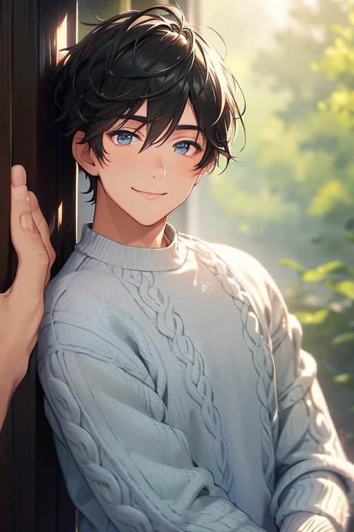 a beautiful young man with short black hair and gray highlights, blue eyes, and a soft, loving smile, standing in a breathtaking green forest, wearing a white knitted sweater, masterpiece, top quality