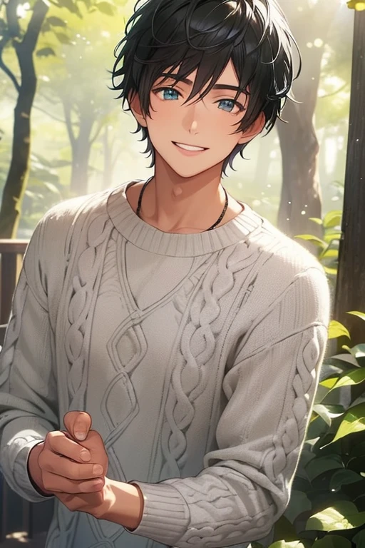 a beautiful young man with short black hair and gray highlights, blue eyes, and a soft, loving smile, standing in a breathtaking green forest, wearing a white knitted sweater, masterpiece, top quality