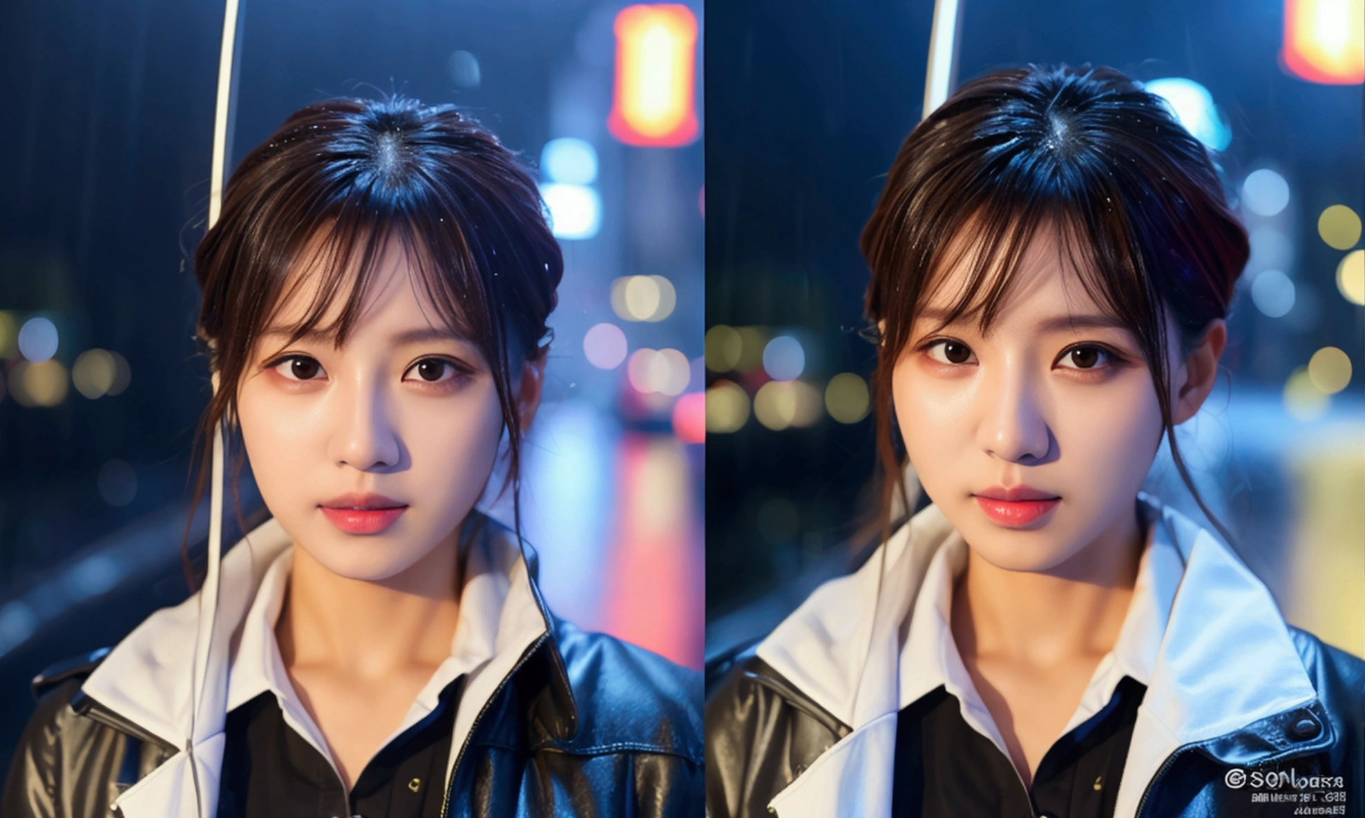 (8k, RAW photo, best quality, masterpiece:1.2), (realistic, photo-realistic:1.37), omertosa, 1girl, (Kpop idol), (aegyo sal:1), cute, cityscape, rain, wet, professional lighting, photon mapping, radiosity, physically-based rendering