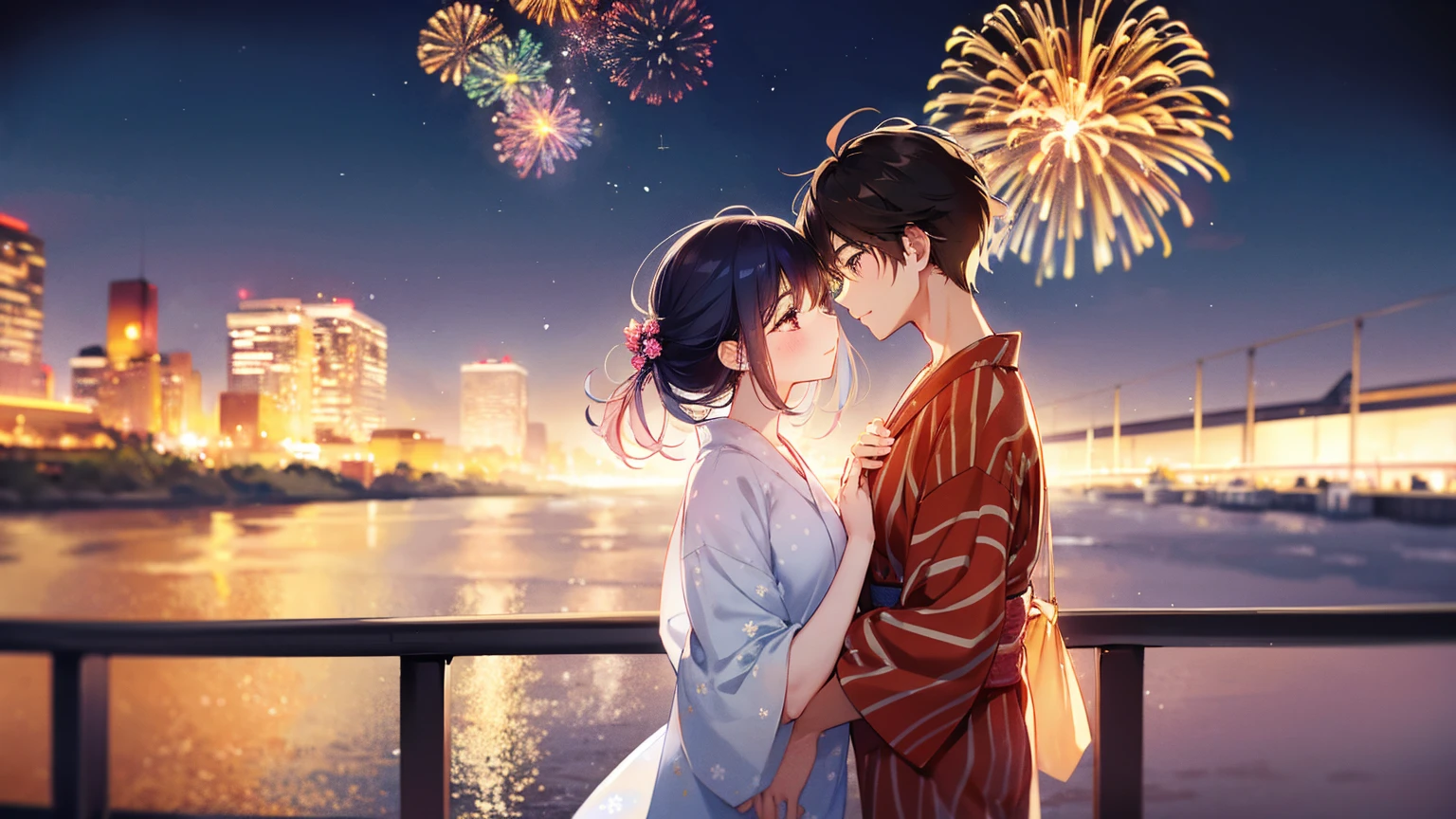 Fireworks Night、Many fireworks are launched from the riverbank in the background.。A handsome 25-year-old male high school teacher wearing a brown hemp jinbei、The 17-year-old high school girl is wearing a cute flower-patterned yukata.。Men are taller and there is a height difference、The two of them are holding hands, blushing, embracing each other and looking at each other.。