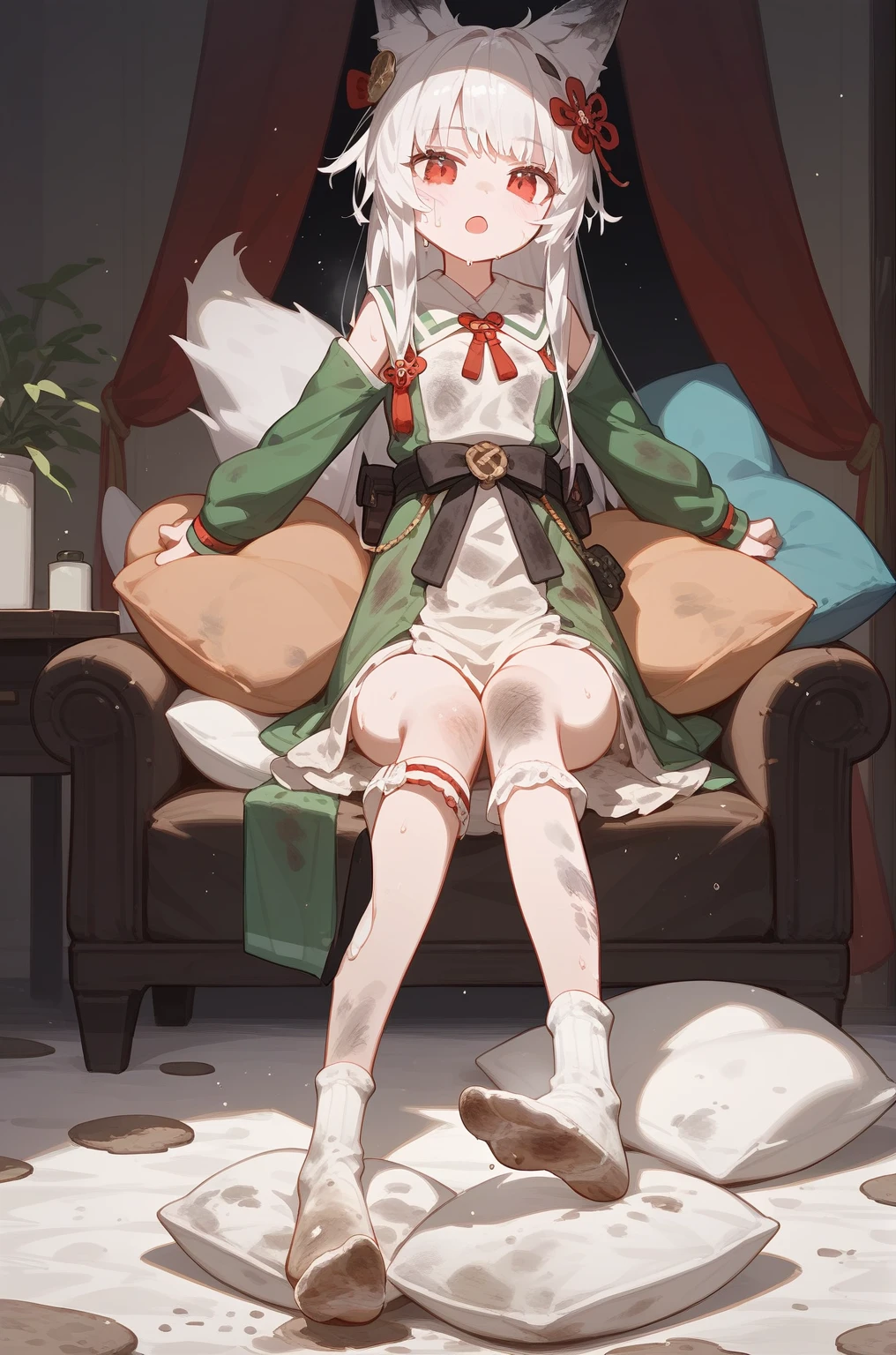 1 girl,dirty,foot,foot底,Red Eyes，breast,solitary,Long hair,White hair,,foot趾,foot部焦点,Looking at the audience,sit,Sweat,open mouth,dirty foot,Keep,indoor,Pillow,Bangs，White knee socks，Fox ears，There&#39;foot的泥土，White clothes，kimono，Japanese style，dirtyPillow，dirty床，女孩周围堆满Pillow，女孩踩踏2着Pillow，大量Pillow，Pillow上肮脏，,(Deluxe Rococo Canopy King Bed),On a big and spacious bed,(),,,,Luxurious curtains with ornate ruffles and ribbons surround the bed,((((There are many pillows piled on the bed)))),Detail of Quilt,Detailed bed sheets,女孩踩在Pillow上