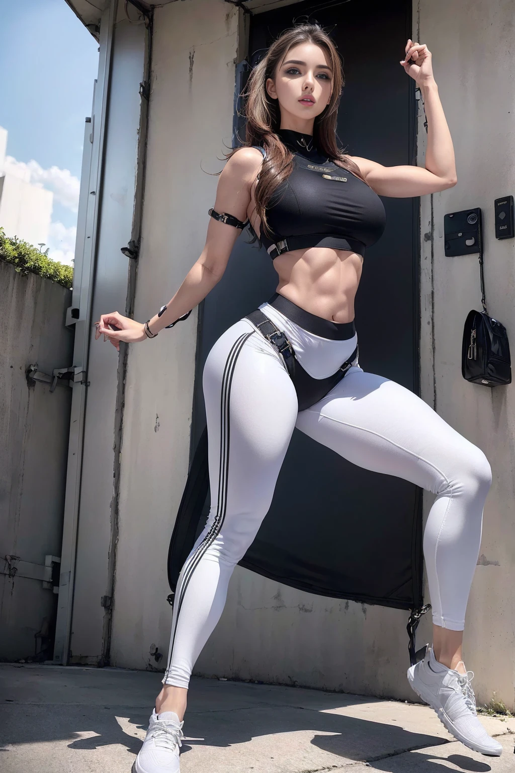 (Highest image quality, Outstanding details, Ultra-high resolution), 1 girl, put((A futuristic military look inspired by white yoga pants, Military wiring harness, Military Equipment，For example, military bag,)), (Glamorous characters, Curvy body, Fitness, Tight abs), background(At military bases), (Dynamic poses)