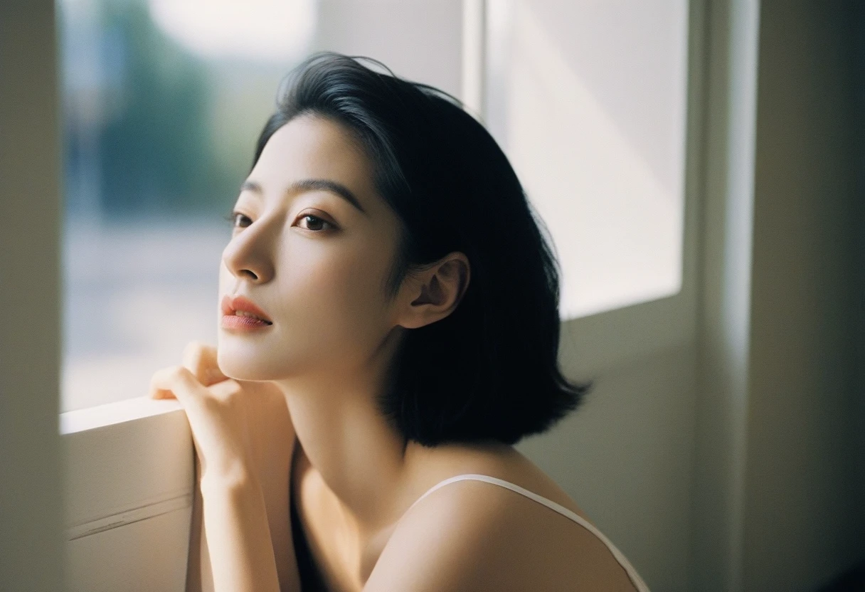 Close-up candid portrait photo of artistic young Korean woman, Retro-future, Movie stills, ((alone)), (Looks like Anne Hathaway: 0.9), Sit by the window, The sun shines on her face, Soft romantic lighting, Summer day, Leica SL3, Summicron SL75f/2. Asf, Kodak Gold 200 Film, Bare shoulders, Dynamic action poses,She wears a camisole so thin and black that her underwear shows through, her underwear is transparent, a graceful woman, a noble atmosphere, a celebrity, beautiful black hair, delicate face, detailed eyes,