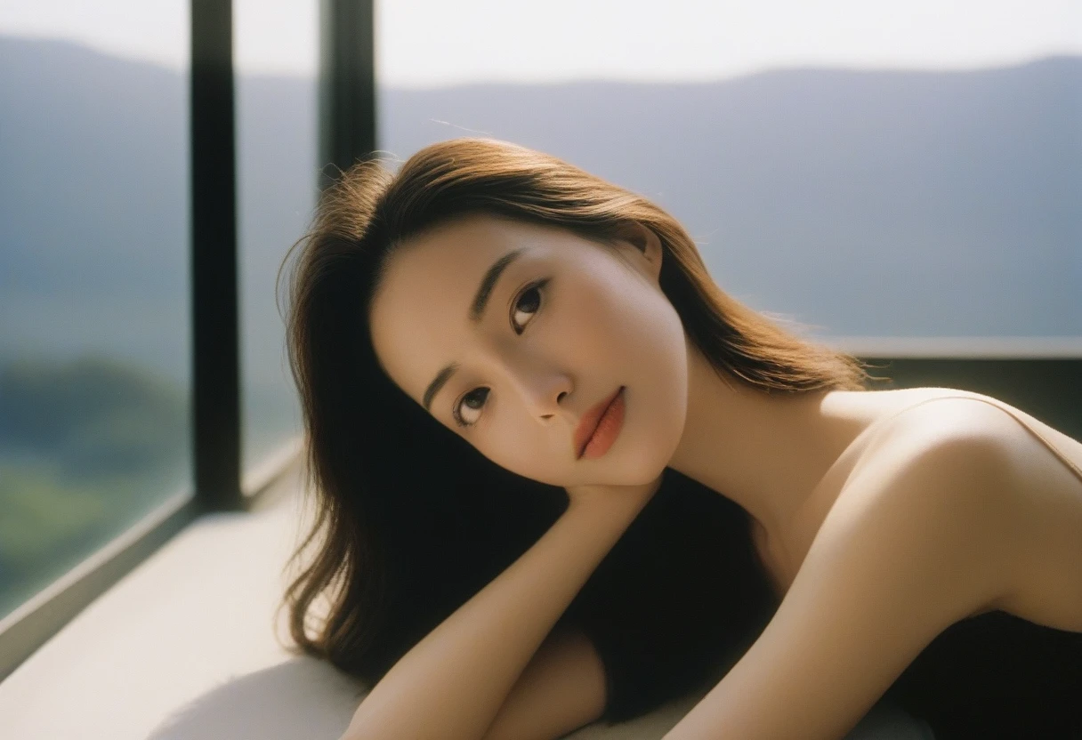 Close-up candid portrait photo of artistic young Korean woman, Retro-future, Movie stills, ((alone)), (Looks like Anne Hathaway: 0.9), Sit by the window, The sun shines on her face, Soft romantic lighting, Summer day, Leica SL3, Summicron SL75f/2. Asf, Kodak Gold 200 Film, Bare shoulders, Dynamic action poses,She wears a camisole so thin and black that her underwear shows through, her underwear is transparent, a graceful woman, a noble atmosphere, a celebrity, beautiful black hair, delicate face, detailed eyes,