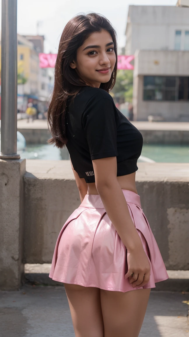 A beautiful young woman, Ananya Pandey wearin fancy Black crop top tshirt leather febrics ((pink skirt))body figure  Taking photos in the beautiful swetzarland smile Full body view perfect anatomy,ultra detailed face and eyes, ultra sharp HDR, realistic realism, 8k