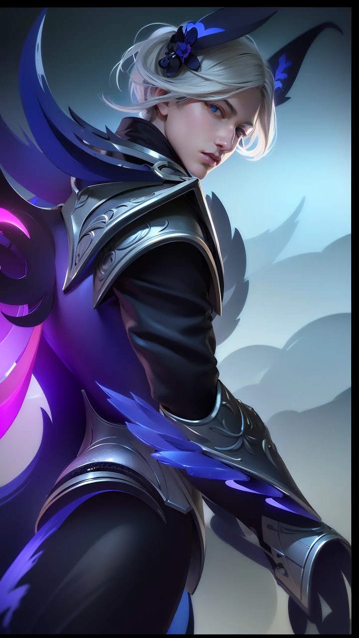 masculine male, masterpiece, ((perfect eyes)) best quality, (semirealism:1.9), beautiful lighting, (extremely detailed CG unity 4k fhd wallpaper), High Detail, Sharp focus, dramatic outdoors, 1 boy ,19 years old, white hair, light purpel eyes, smile.