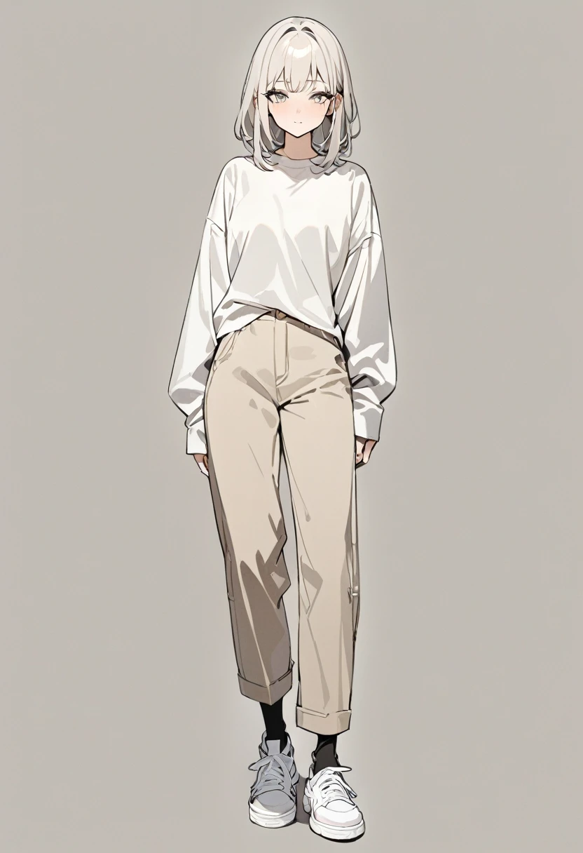 (Masterpiece, highest quality: 1.2, 8K), center, full body, one girl, shirt in neutral color, pants in neutral color, cool casual fashion, simple sneakers, simple background, pure white background #fff fff, eyes open 20 year old adult with delicate eyes