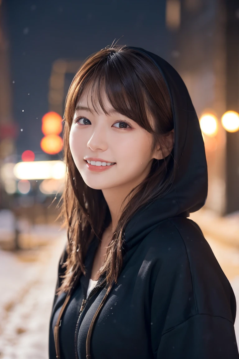 1 Girl, (Wear a black hoodie:1.2), (RAW Photos, highest qualthaty), (Realistic, Realistic:1.4), Tabletop, Very delicate and beautiful, Very detailed, 2k wallpaper, wonderful, finely, Very detailed CG Unthaty 8K 壁紙, Very detailed, High resolution, Soft Light, Beautiful detailed girl, Very detailed目と顔, Beautiful and sophisticated nose, finelyて美しい目, Cinema Lighting, Illuminations that light up the cthaty on a snowy night, Snow Scene, that'that'that'that'it's snowing, Snow fell in my hair, Perfect Anatomy, Slender body, Was nervous,
Straight semi-long hair, bangs, Looking at the audience, smile、Fluffy scarf