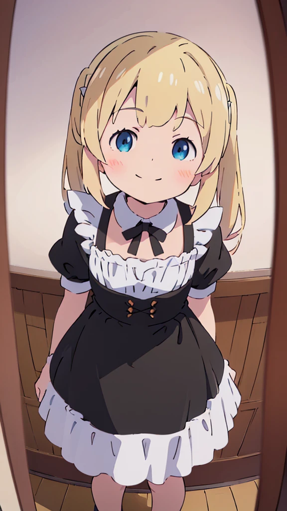 ((masterpiece))((Highest quality))girl、smile、blush、Flat Chest、Are thin、Blonde Hair、Are standing、Low - Angle、front、No background、真frontのアングル、A black maid outfit full of frills、Twin tails、Angle where you can see inside the skirt、Fisheye Lens