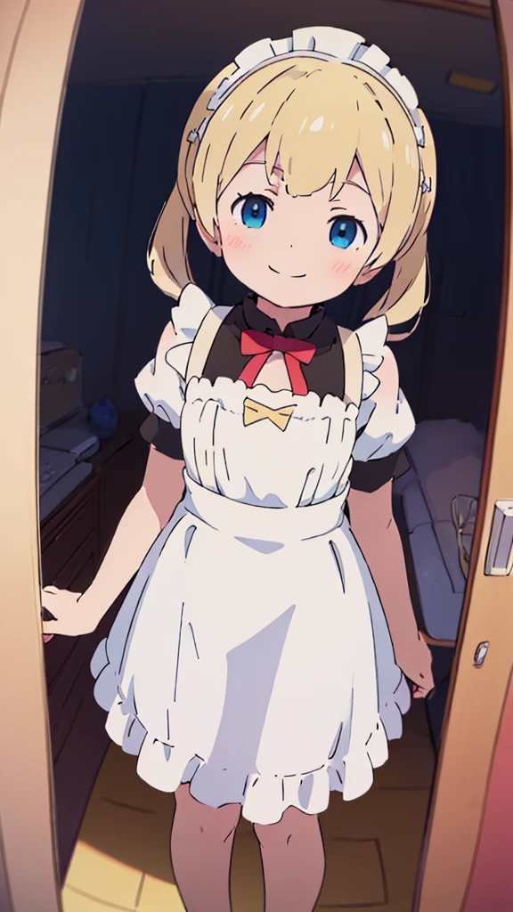 ((masterpiece))((Highest quality))girl、smile、blush、Flat Chest、Are thin、Blonde Hair、Are standing、Low - Angle、front、No background、真frontのアングル、A black maid outfit full of frills、Twin tails、Angle where you can see inside the skirt、Fisheye Lens