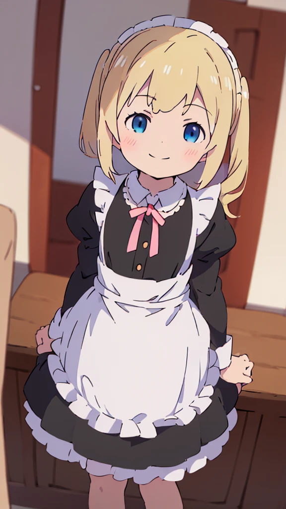 ((masterpiece))((Highest quality))girl、smile、blush、Flat Chest、Are thin、Blonde Hair、Are standing、Low - Angle、front、No background、真frontのアングル、A black maid outfit full of frills、Twin tails、Angle where you can see inside the skirt、Fisheye Lens