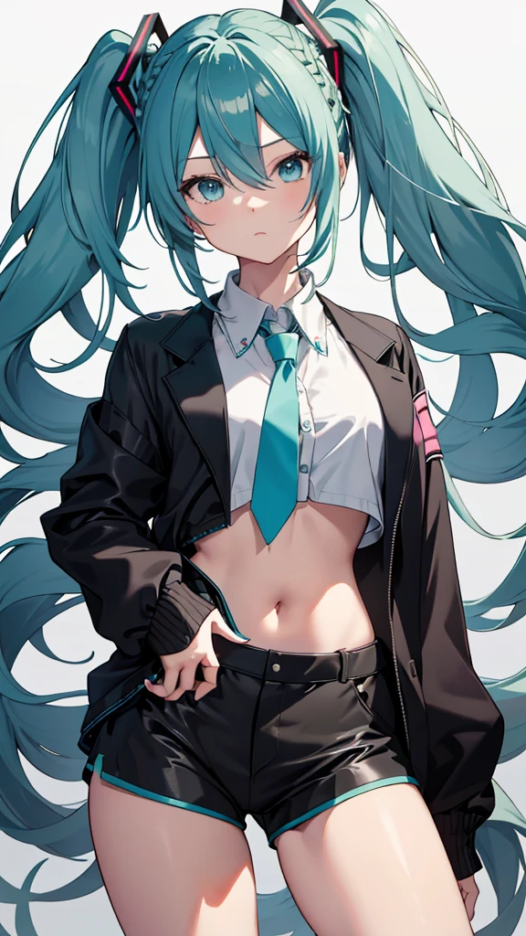Hatsune miku add_detail:1, fitted corset navel, looking at the viewer, hand on hip, black jacket, lycra groin tight shorts add_detail:1(white shirt:1.3), braid, very long hair, Wide hips,
under the chest, shirt,
Big\(Body proportions\), sensual pose, naked shoulders add_detail