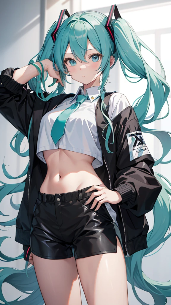 Hatsune miku add_detail:1, fitted corset navel, looking at the viewer, hand on hip, black jacket, lycra groin tight shorts add_detail:1(white shirt:1.3), braid, very long hair, Wide hips,
under the chest, shirt,
Big\(Body proportions\), sensual pose, naked shoulders add_detail